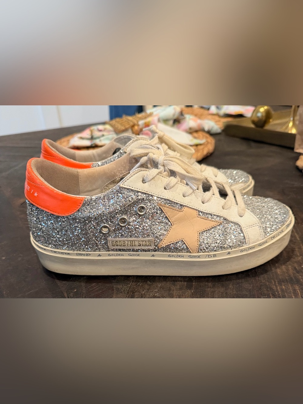 Golden Goose Hi Star Silver Glitter Sneaker with Peach Star/Orange Heel Tab
